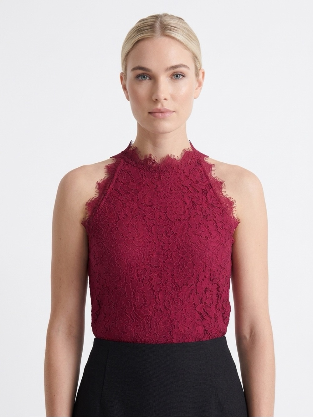 Women’s Halife Burgundy Floral Lace High Neck Sleeveless Shift Top Blouse XL